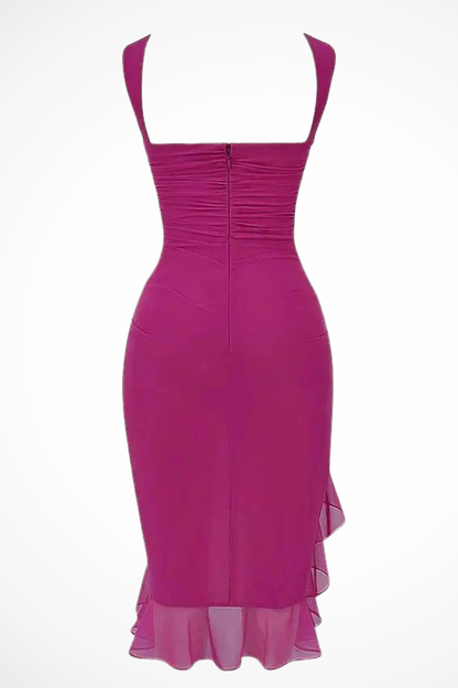 Women's pink charlotte mesh ruched midi summer dress with ruffle slit