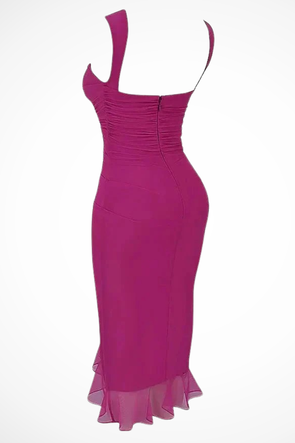 Women's pink charlotte mesh ruched midi summer dress with ruffle slit
