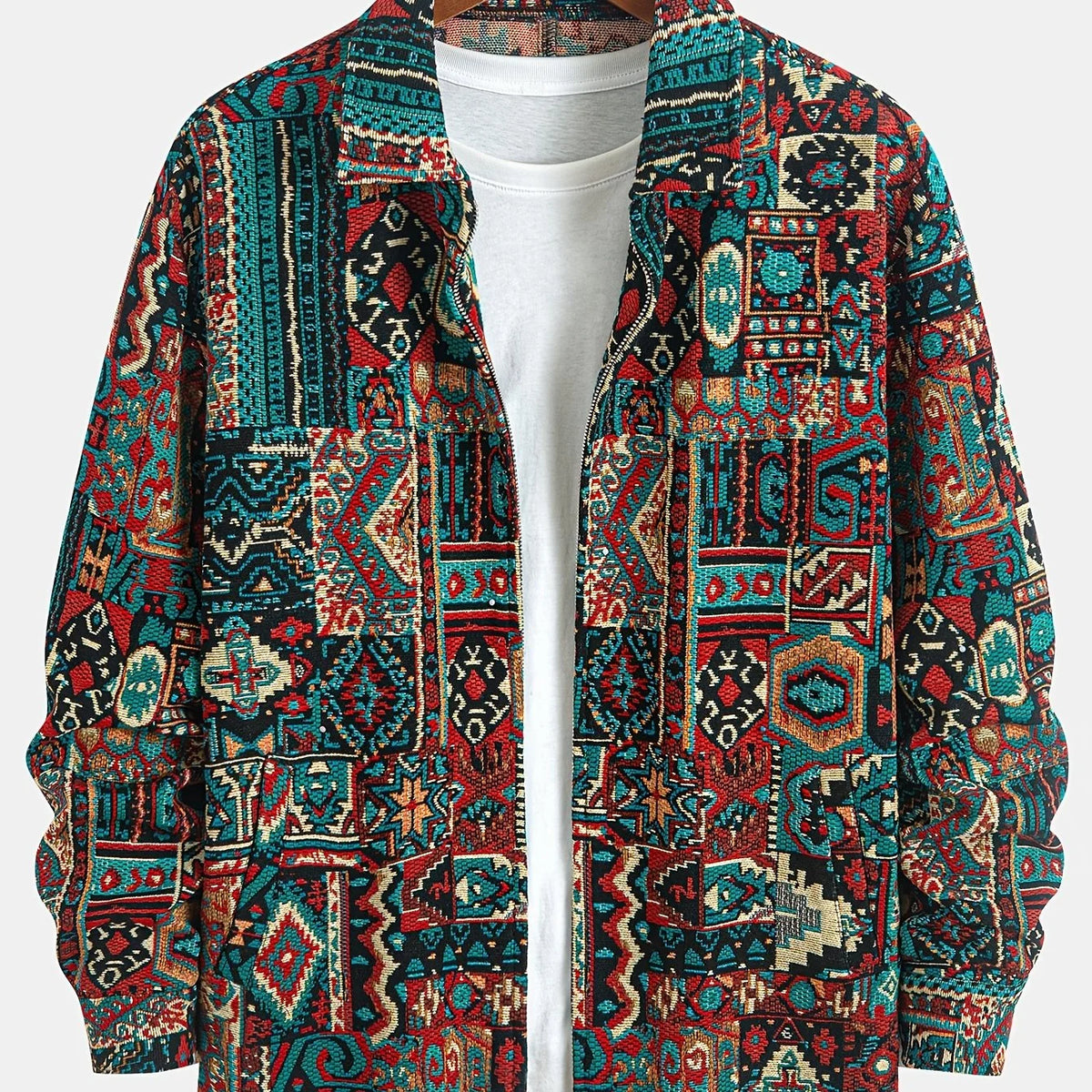 Men's Lapel Zip Jacket, Patterned Fall Outerwear