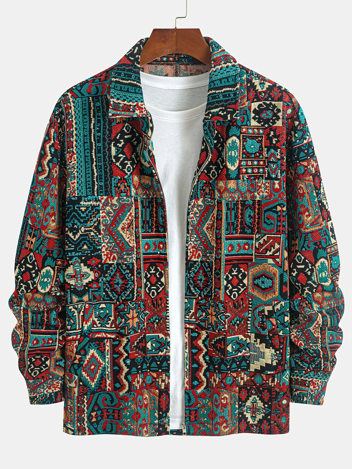 Men's Lapel Zip Jacket, Patterned Fall Outerwear