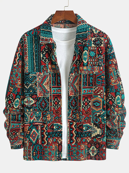 Men's Lapel Zip Jacket, Patterned Fall Outerwear