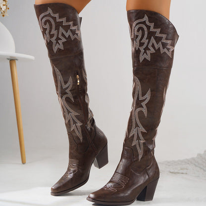 Women's over-the-knee cowboy boots in brown