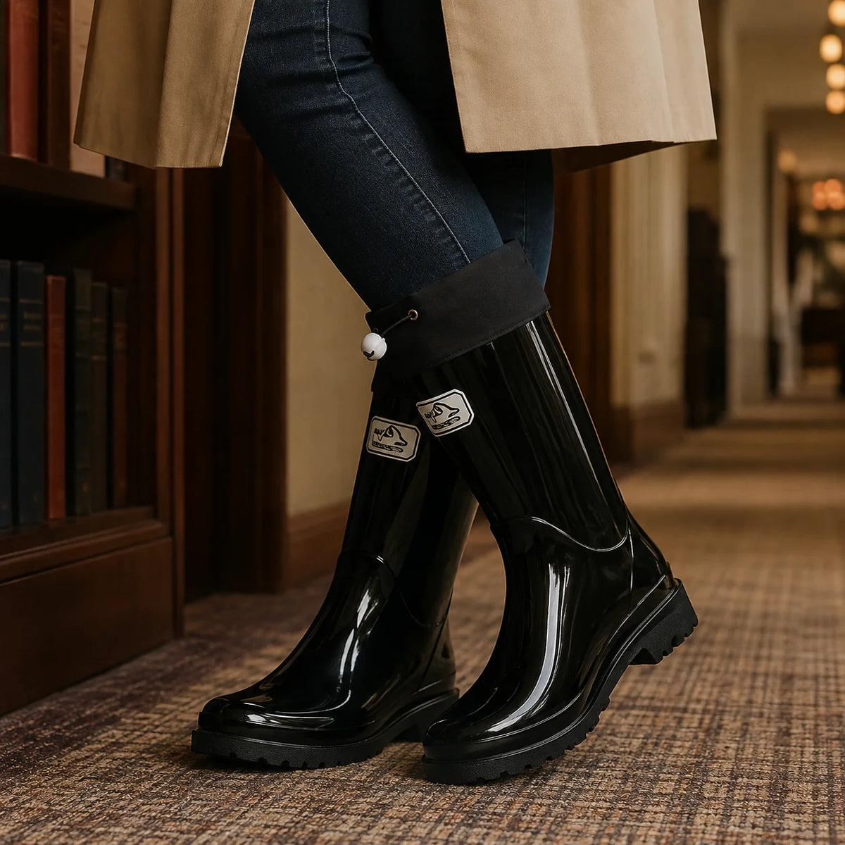 Jocelyn drawstring rain boots, front view