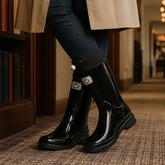 Jocelyn drawstring rain boots, front view
