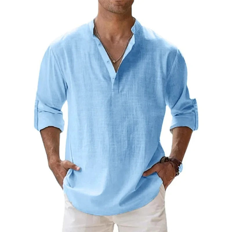 Men's blue linen band collar shirt with long sleeves