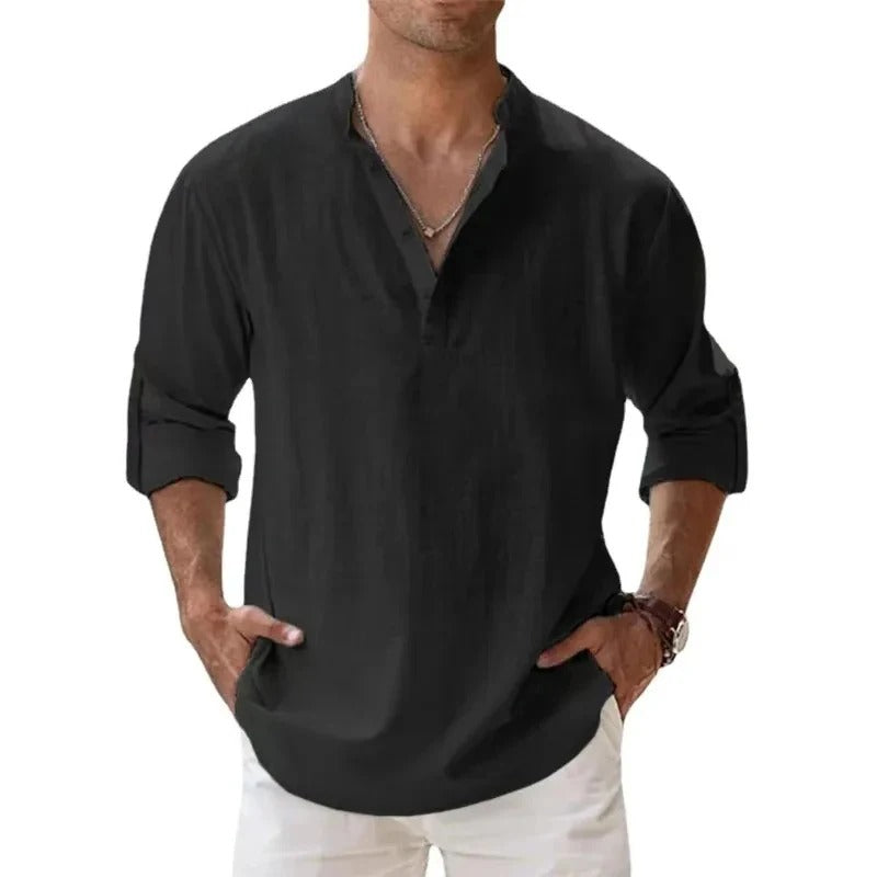 Men's blue linen band collar shirt with long sleeves