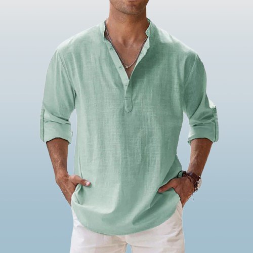Men's blue linen band collar shirt with long sleeves