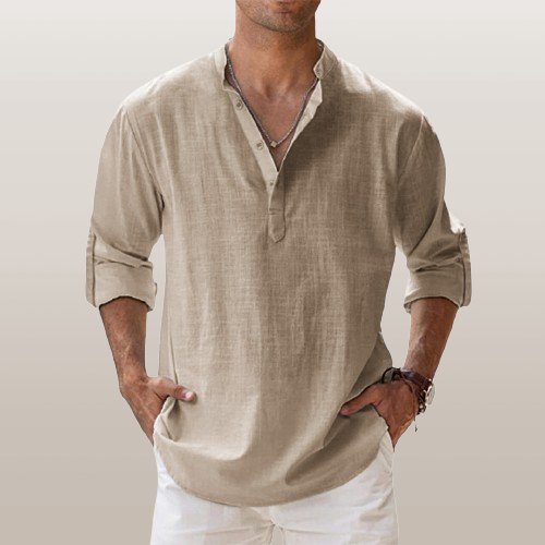 Men's blue linen band collar shirt with long sleeves