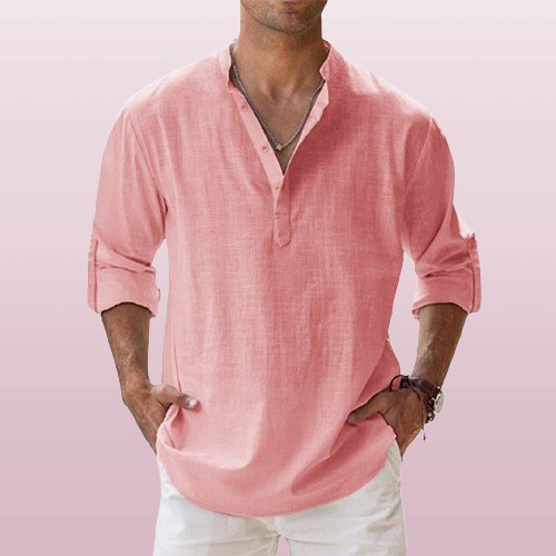 Men's blue linen band collar shirt with long sleeves