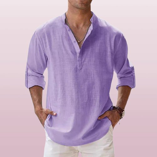 Men's light blue linen band collar shirt with long sleeves