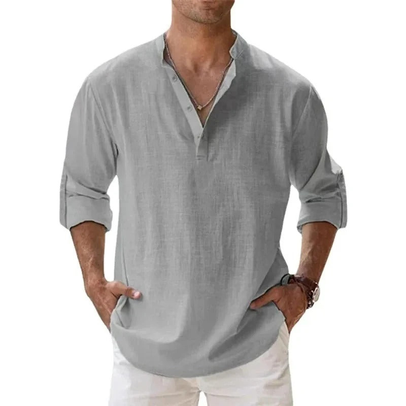 Men's light blue linen band collar shirt with long sleeves