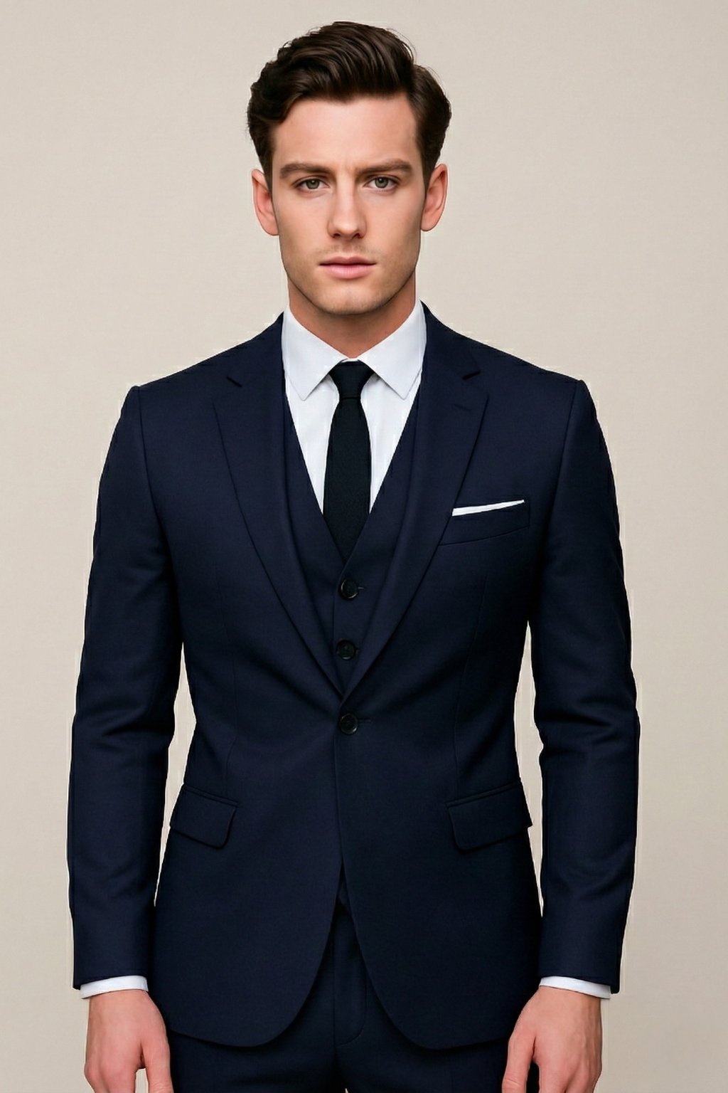 Men's navy blue three piece slim fit formal suit