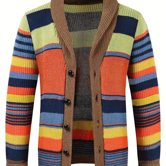 Men's Shawl-Collar Cardigan, Striped Winter Knitwear