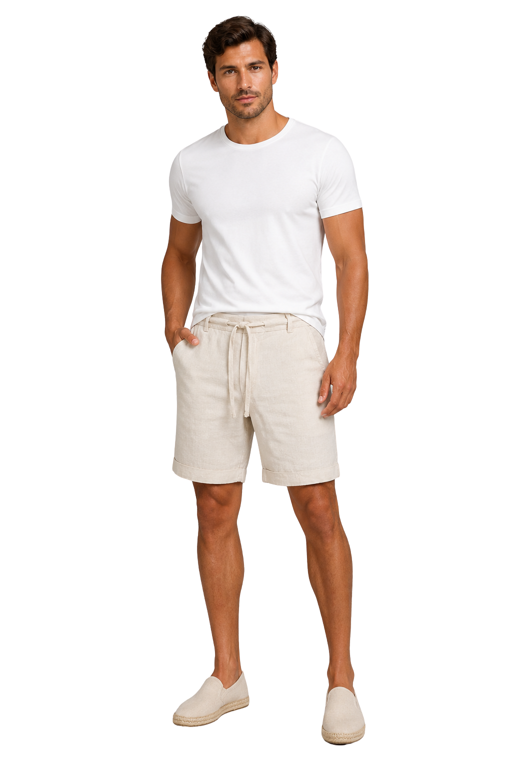 Men's beige linen drawstring shorts roll-up hem