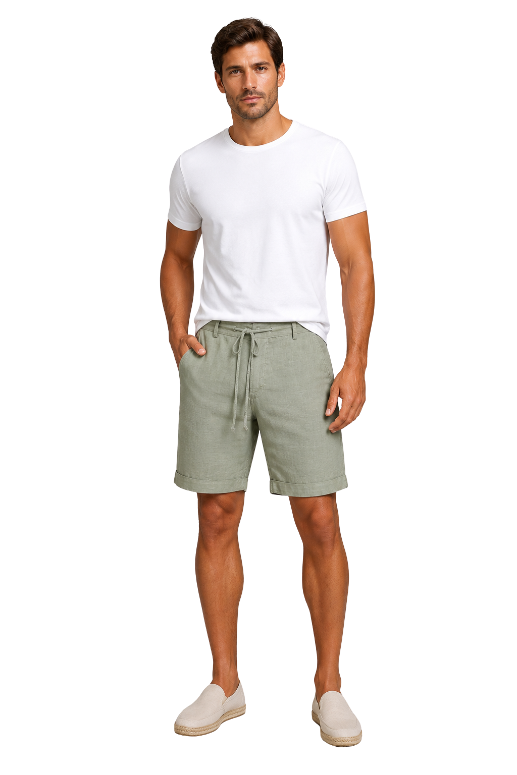 Men's blue linen drawstring shorts roll-up hem