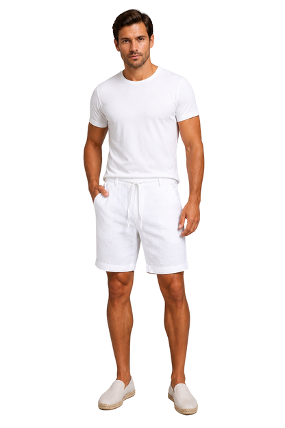 Men's green linen drawstring shorts roll-up hem