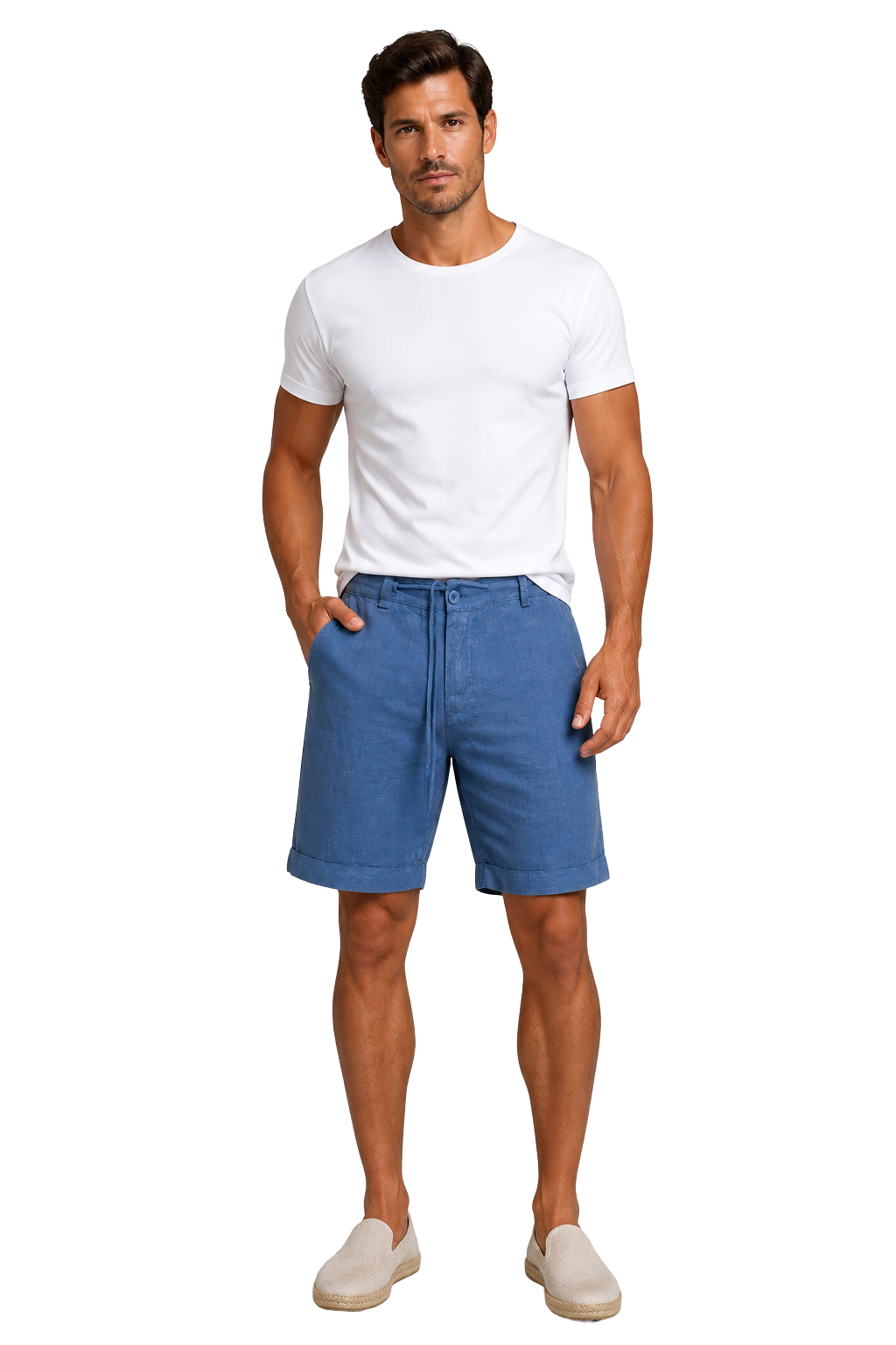 Men's white linen drawstring shorts roll-up hem
