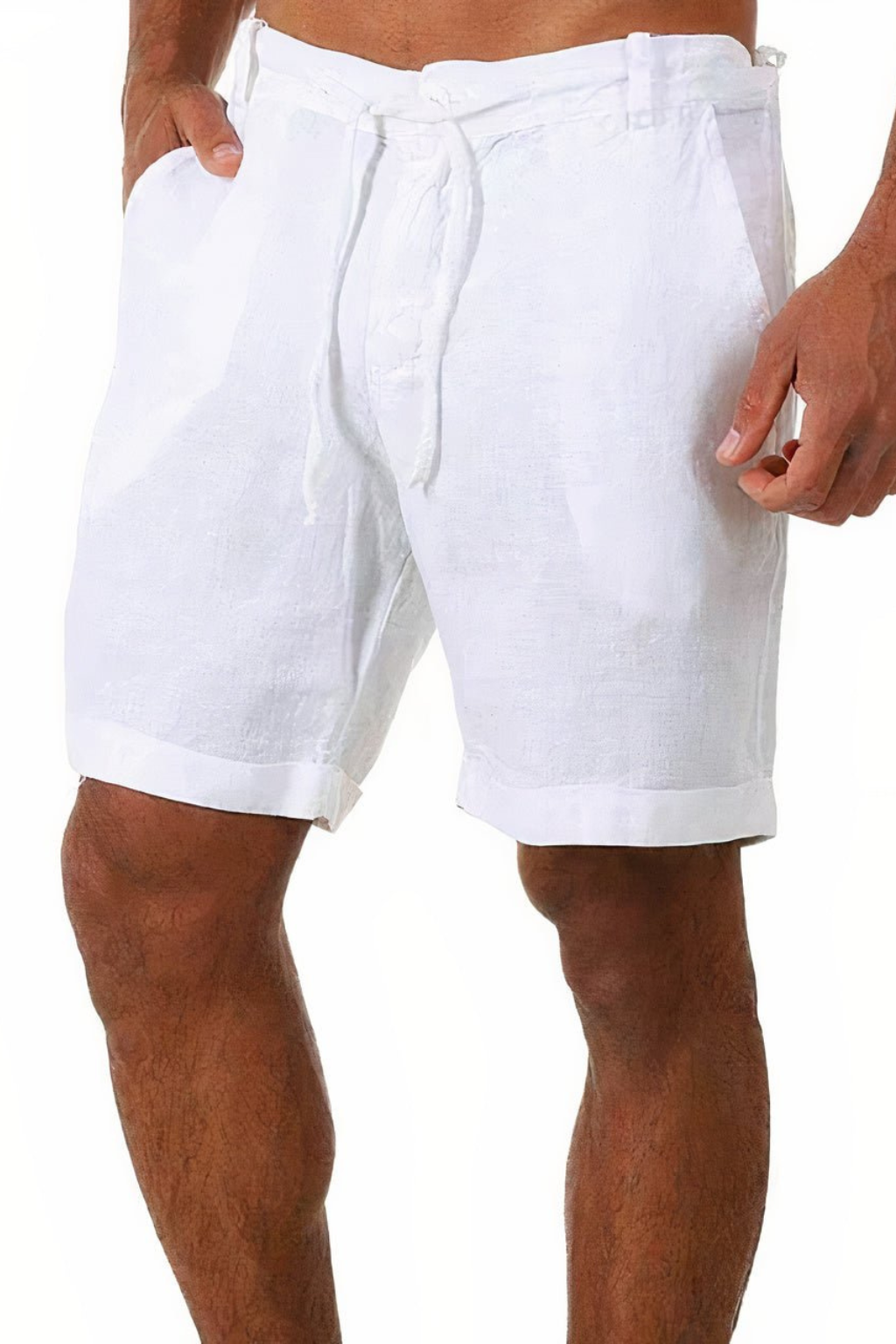 Men's beige linen drawstring shorts roll-up hem