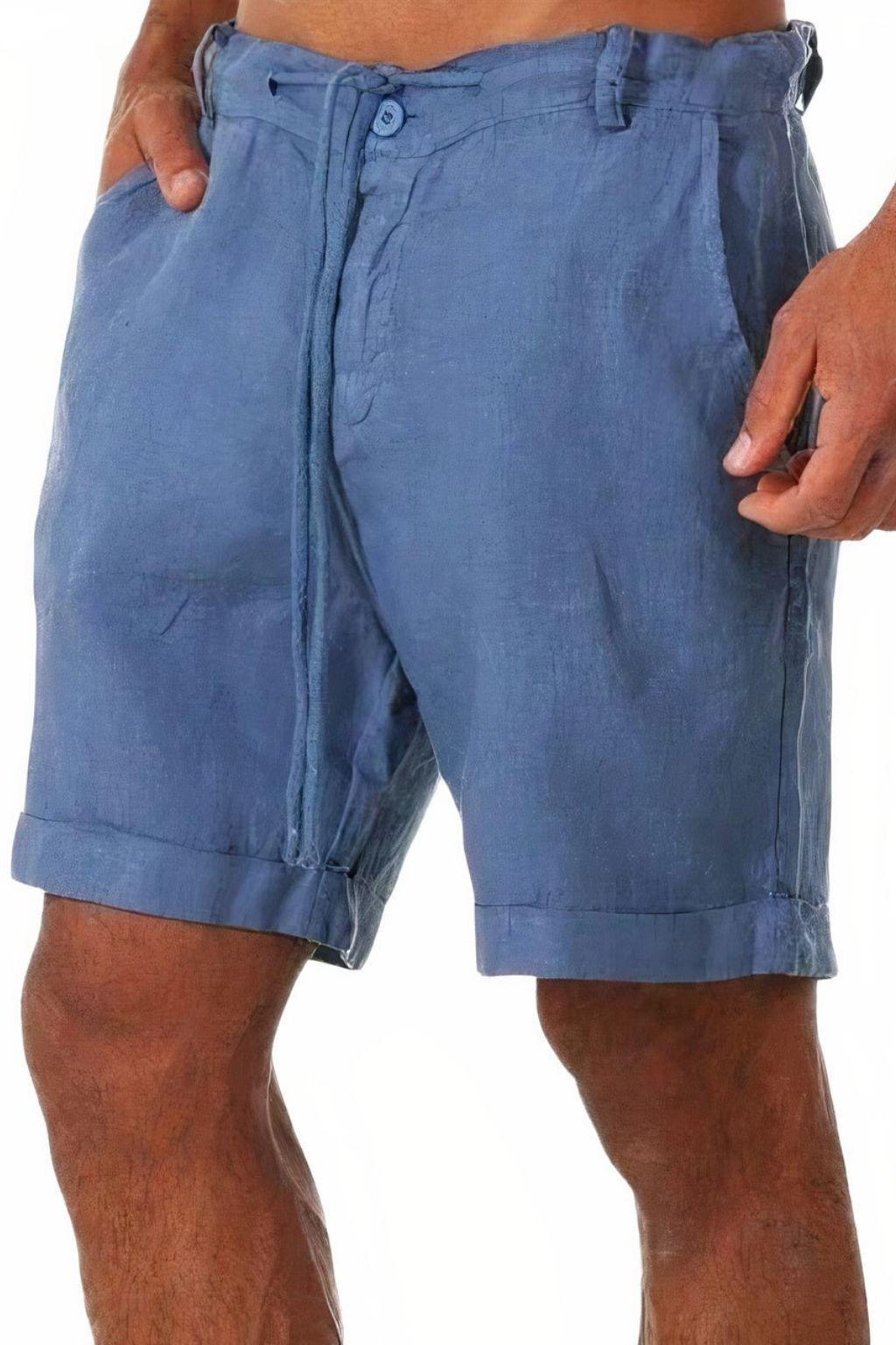 Men's blue linen drawstring shorts roll-up hem