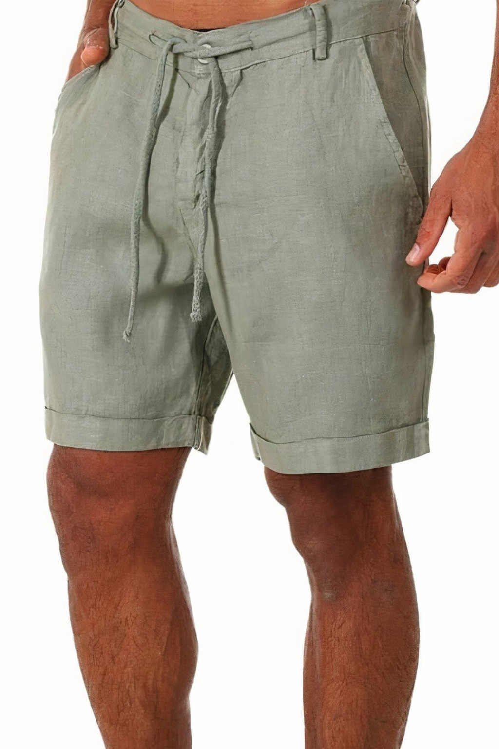 Men's green linen drawstring shorts roll-up hem
