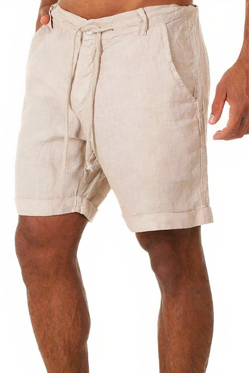 Men's white linen drawstring shorts roll-up hem