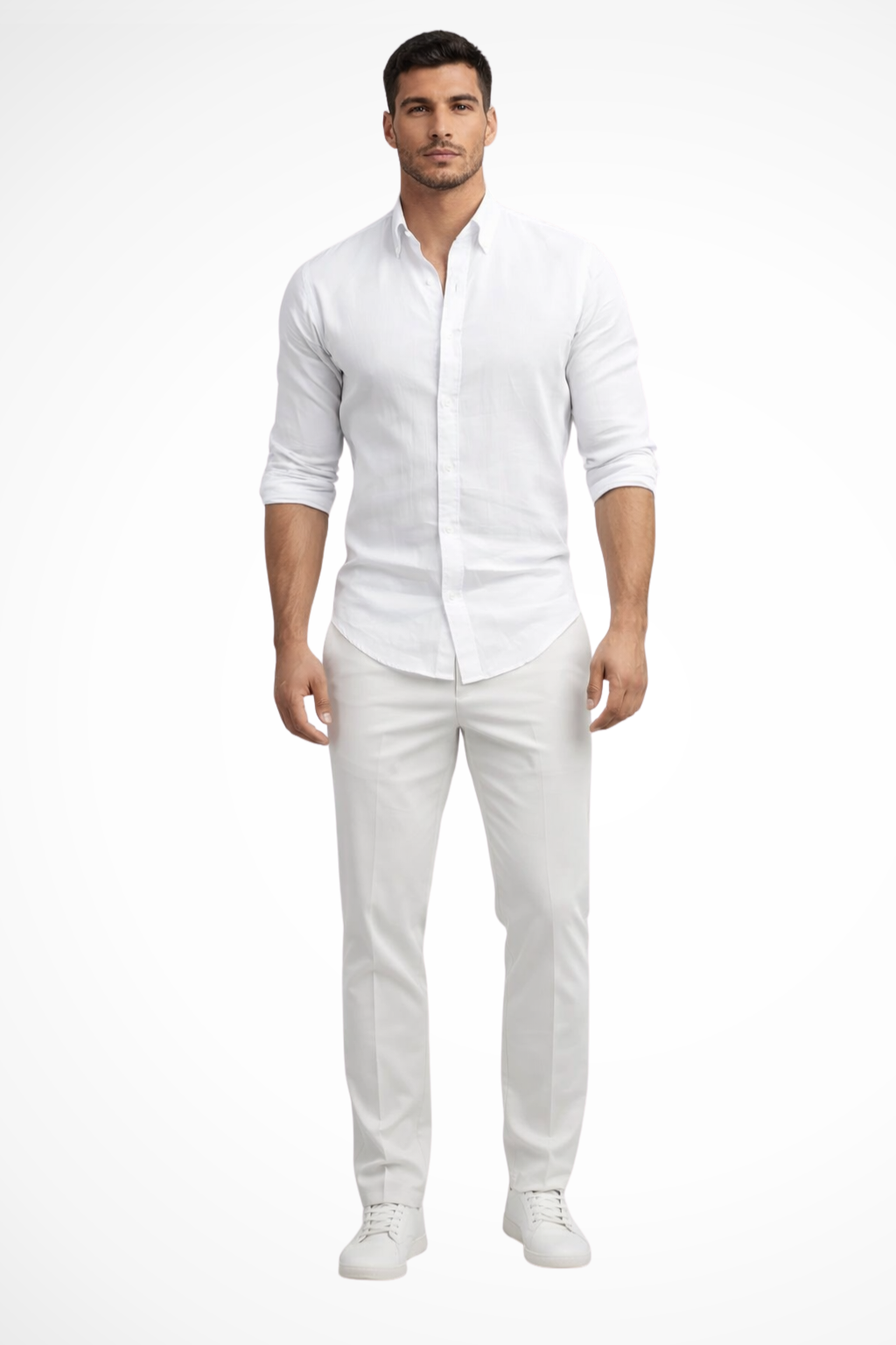 Men's white loose fit long sleeve cotton summer shirt