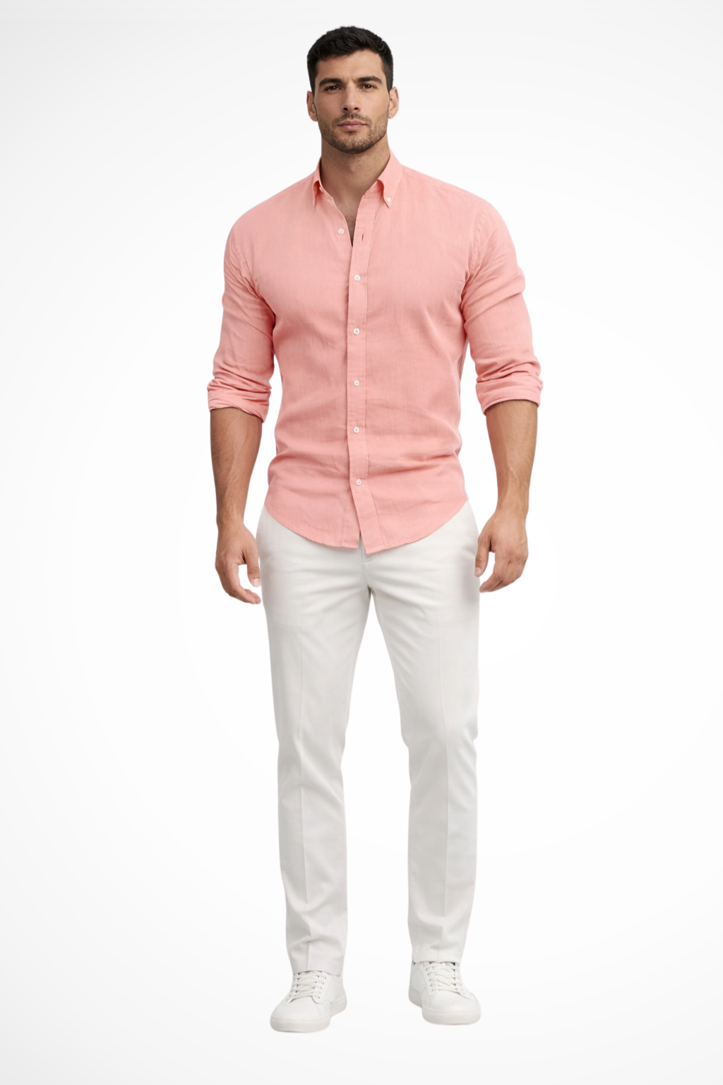 Men's white loose fit long sleeve cotton summer shirt