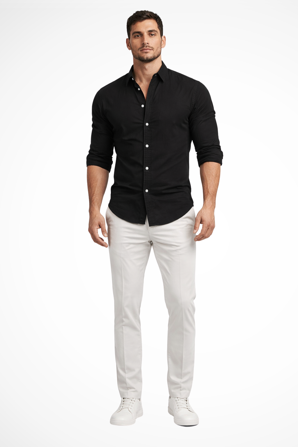 Men's white loose fit long sleeve cotton summer shirt