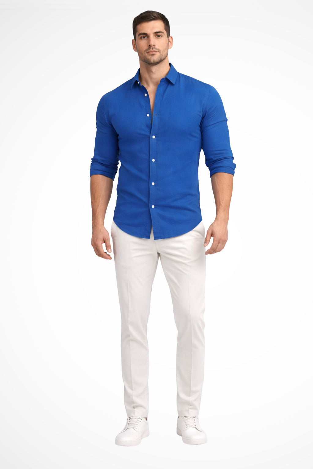 Men's white loose fit long sleeve cotton summer shirt