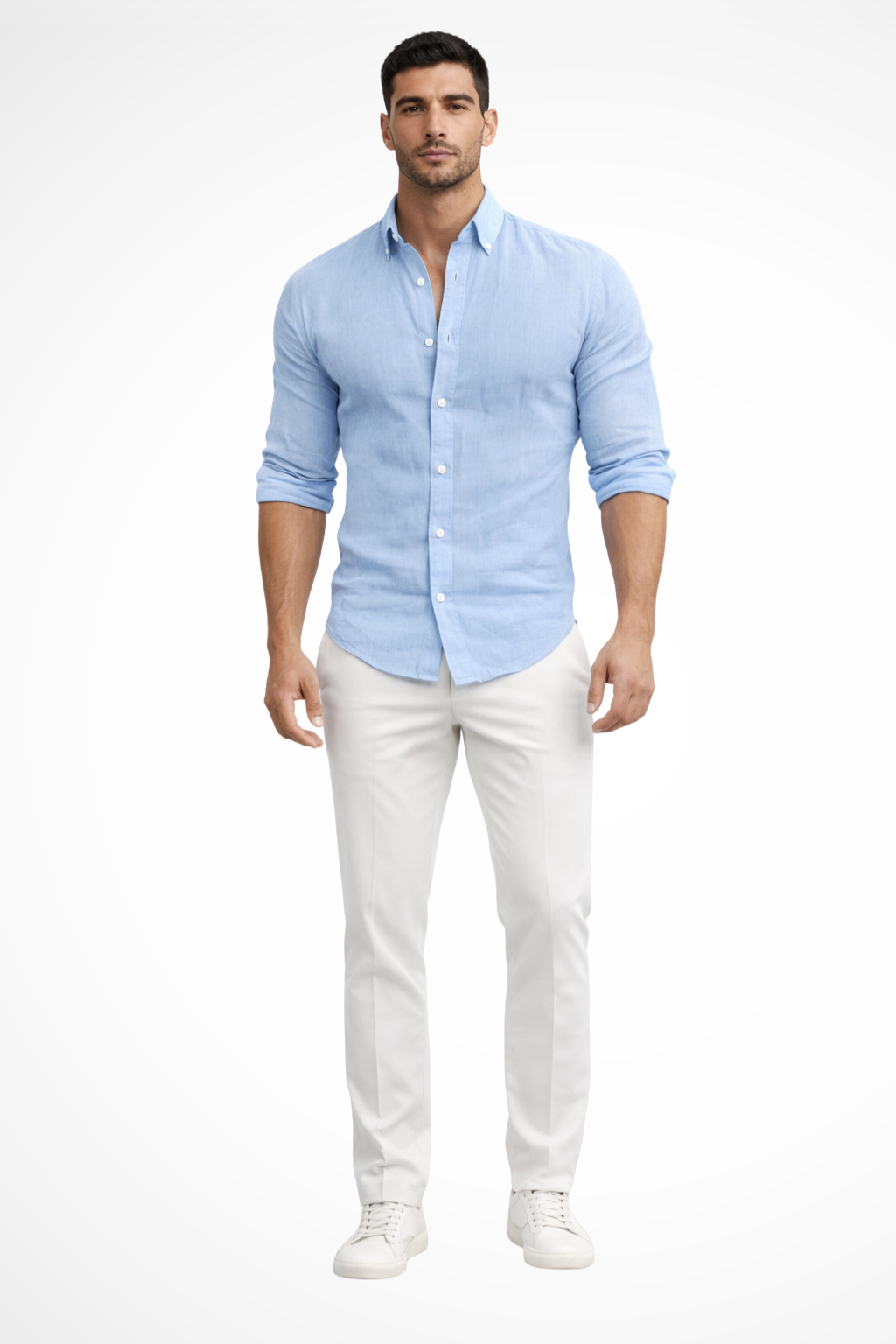Men's white loose fit long sleeve cotton summer shirt