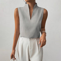 Nora | Women's Striped Sleeveless Blouse V-Neck Stand Collar