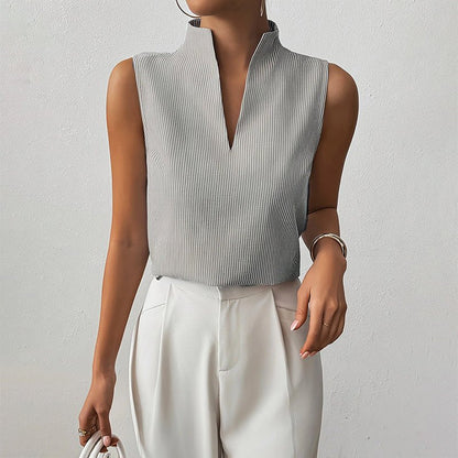 Women's gray striped sleeveless blouse with stand collar