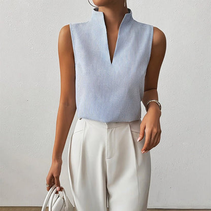 Women's gray striped sleeveless blouse with stand collar