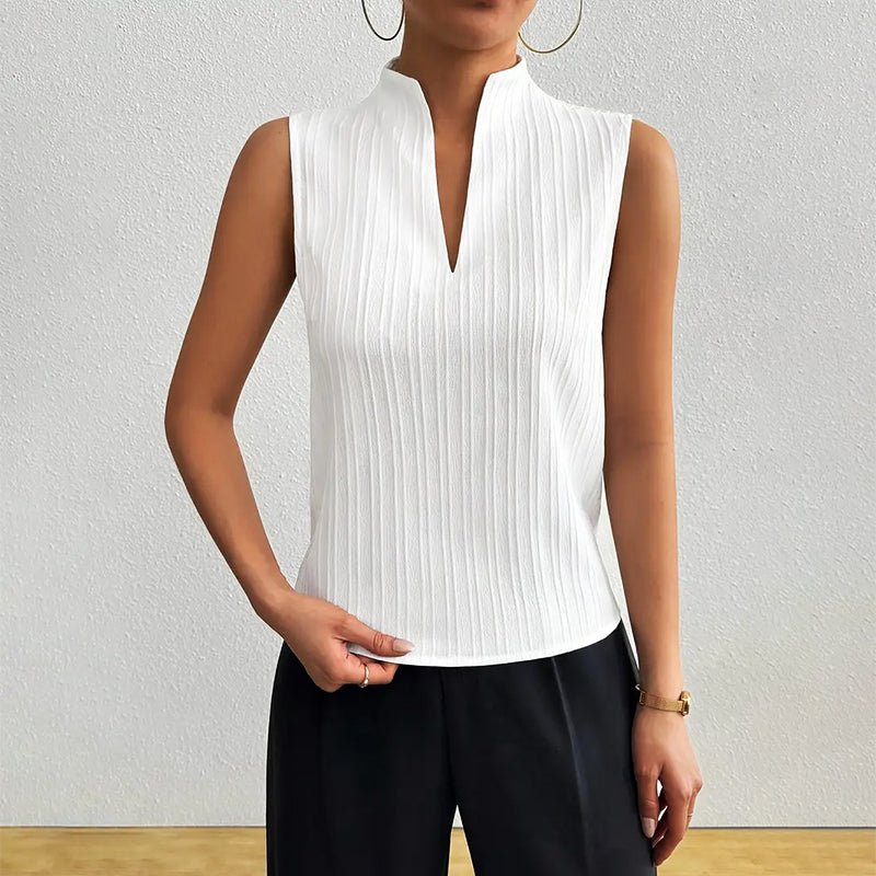 Women's gray striped sleeveless blouse with stand collar