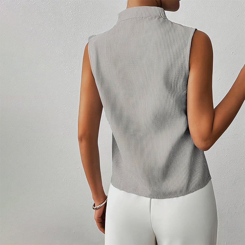 Women's gray striped sleeveless blouse with stand collar