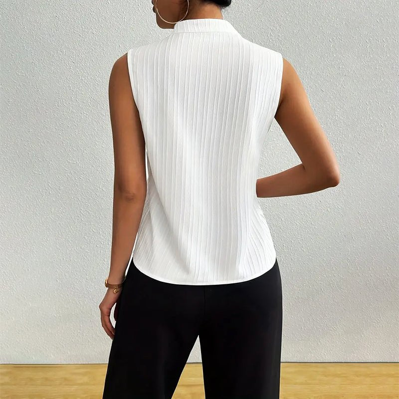 Women's blue striped sleeveless blouse with stand collar