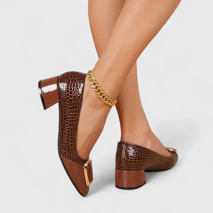 Women's brown croc embossed block heel loafers with chain accent