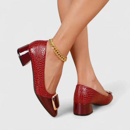 Women's brown croc embossed block heel loafers with chain accent