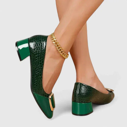 Women's brown croc embossed block heel loafers with chain accent
