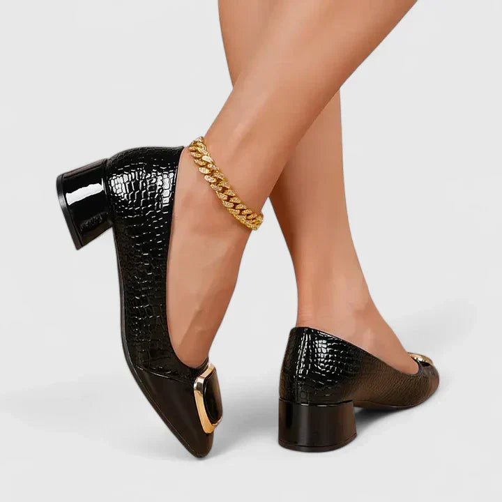 Women's brown croc embossed block heel loafers with chain accent