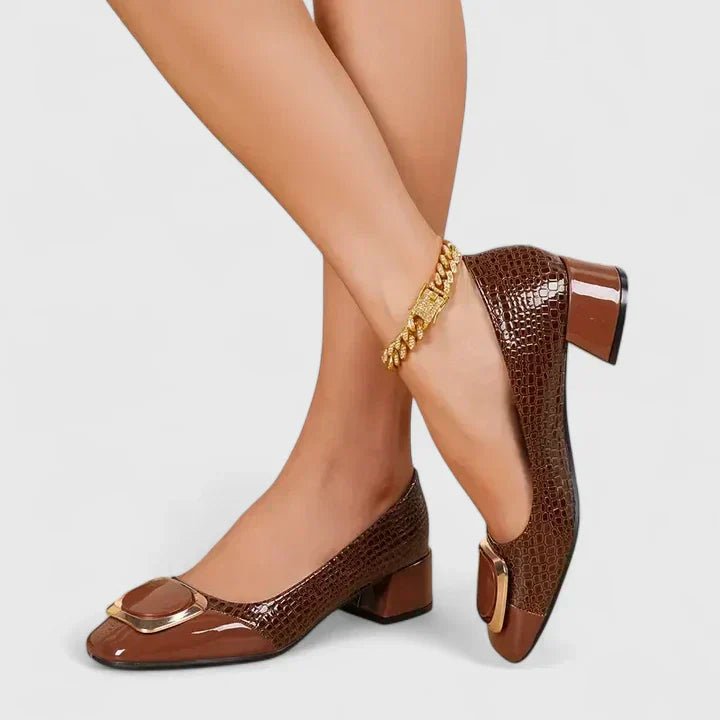 Women's brown croc embossed block heel loafers with chain accent
