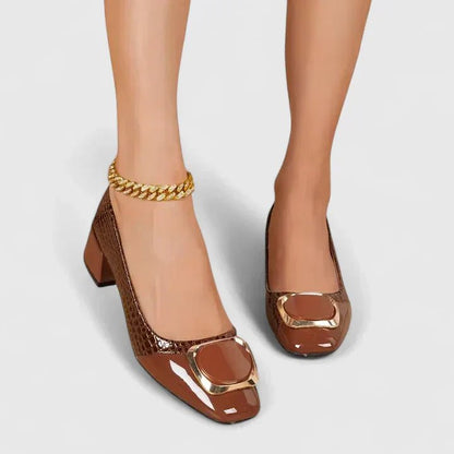Women's brown croc embossed block heel loafers with chain accent