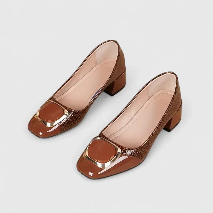 Women's brown croc embossed block heel loafers with chain accent