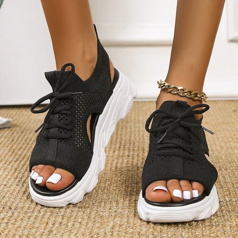 Women's black knit lace-up platform sandals with cushioned sole