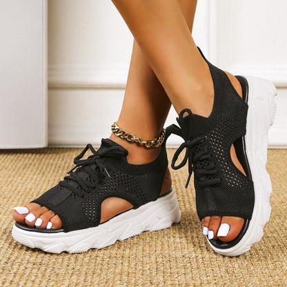 Women's black knit lace-up platform sandals with cushioned sole