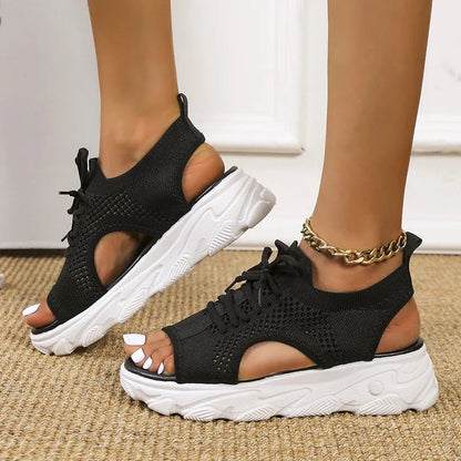 Women's black knit lace-up platform sandals with cushioned sole
