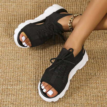 Women's black knit lace-up platform sandals with cushioned sole