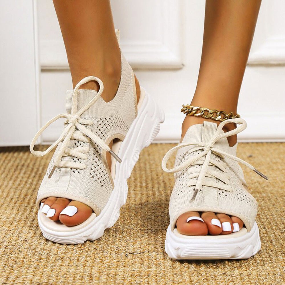 Women's black knit lace-up platform sandals with cushioned sole