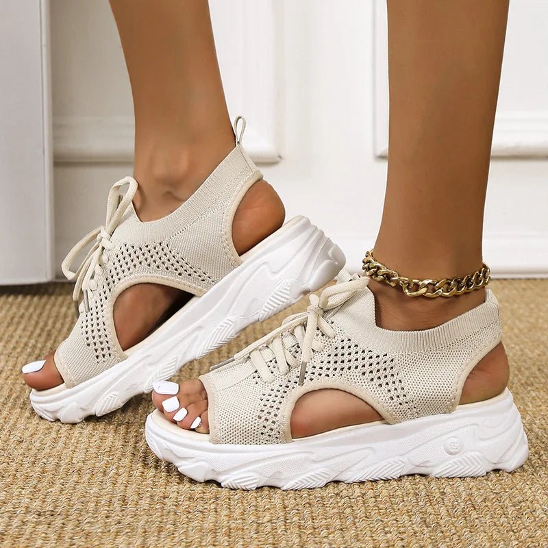 Women's black knit lace-up platform sandals with cushioned sole