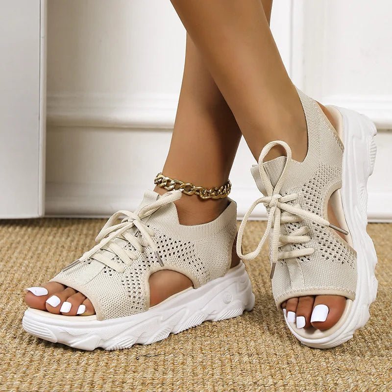 Women's black knit lace-up platform sandals with cushioned sole